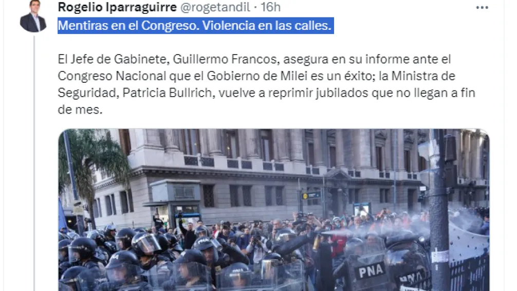 Brutal represión a jubilados: Iparraguirre condenó el operativo de Bullrich 