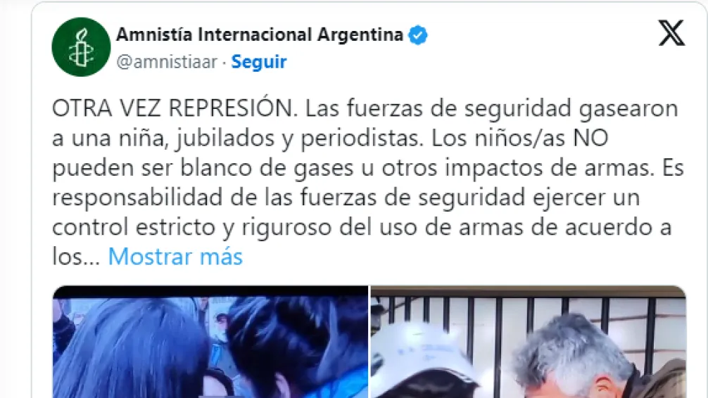 Amnistía Internacional cruzó las justificaciones de Bullrich: "los niños no pueden ser blanco de gases"