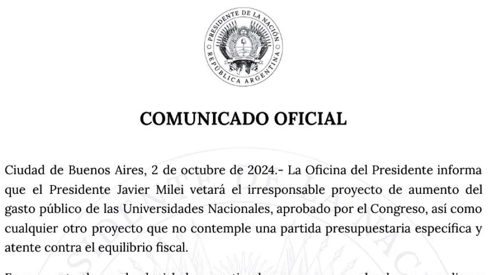 Tras la marcha, Milei confirmó que vetará la Ley de Financiamiento Universitario