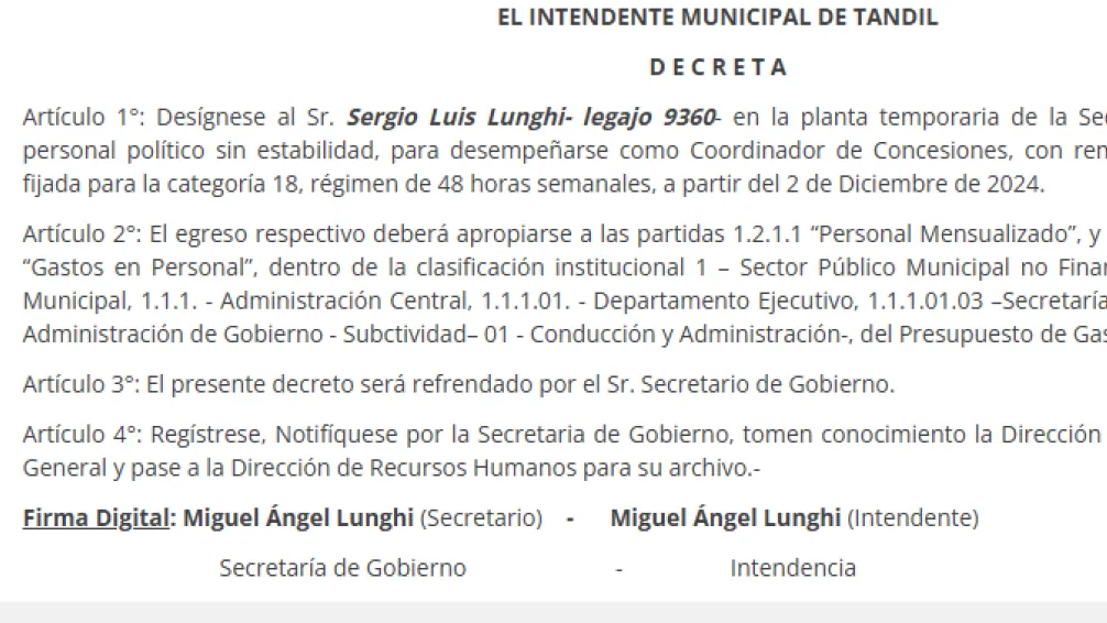 Miguel Lunghi y su hijo designaron al sobrino del intendente como Coordinador de Concesiones 