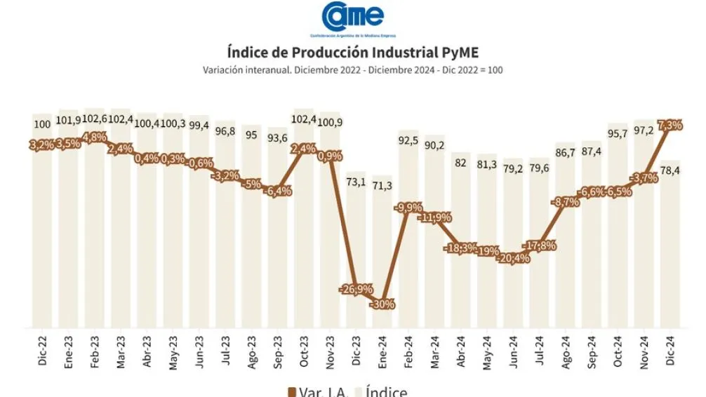 Según CAME, la industria pyme creció 7,3% interanual en diciembre, pero el año cerró con una caída acumulada del 9,8%