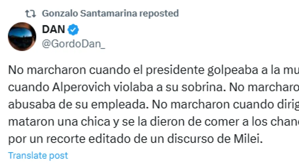 Gonzalo Santamarina retuiteó al Gordo Dan para oponerse a la marcha antifascista LGBTQINB+