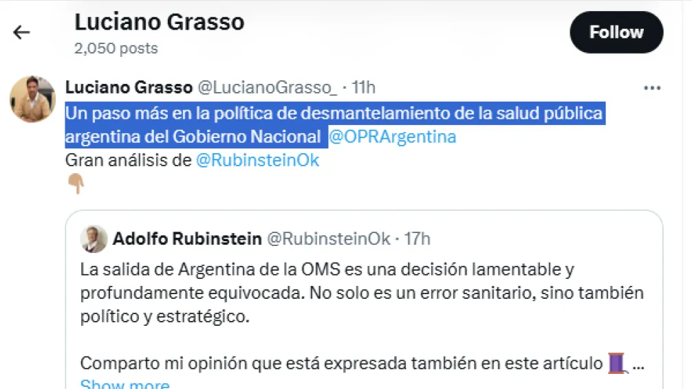 Dirigentes lunghistas cuestionaron la decisión de Milei de salir de la Organización Mundial de la Salud  