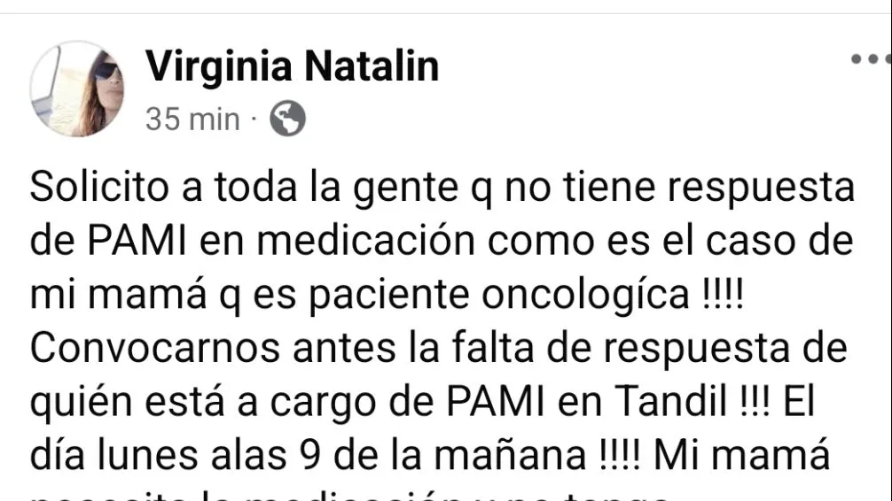 Hija de paciente oncológica convoca a una protesta frente a PAMI TANDIL