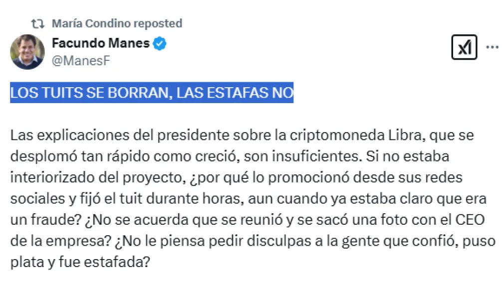 "Los tuits se borran, las estafas no"; compartieron dirigentes lunghistas sobre el escándalo de Milei 