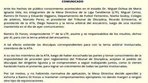 La Liga Tandilense de Fútbol solo "apercibió" a Di Fonzo por sus insultos a la terna arbitral