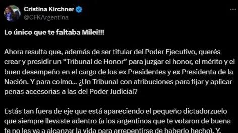 En la red "X", Cristina Kirchner le respondió a Milei tras la medida de quitarle la jubilación y pensión de privilegio