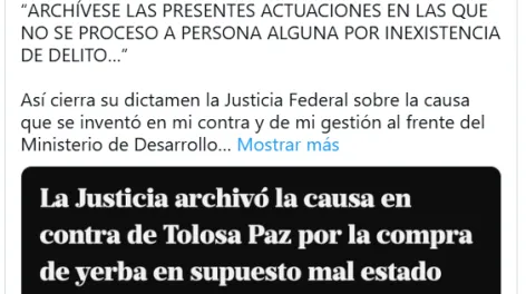 No hubo delito: la Justicia archivó la causa contra Tolosa Paz por la yerba en supuesto mal estado 