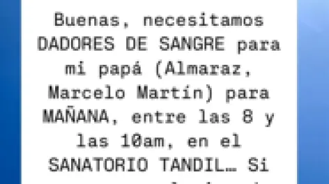 Se buscan dadores de sangre para el paciente Marcelo Martín Almaraz 