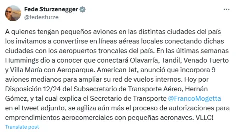 Se demora el inicio de vuelos Tandil-Aeroparque y Sturzenegger busca aviones por la red social X 