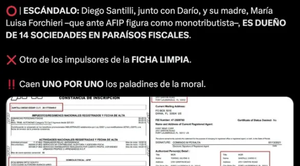 Denuncian que Diego Santilli y su familia tienen 14 sociedades en paraísos fiscales