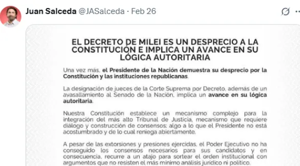 Radicales de Tandil: "una vez más, el Presidente de la Nación demuestra su desprecio por la Constitución"